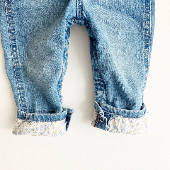 OshKosh Bgosh Girls 12 Mos Denim Overalls Floral Print Cuff Blue Jean Snap Legs - Picture 5 of 9